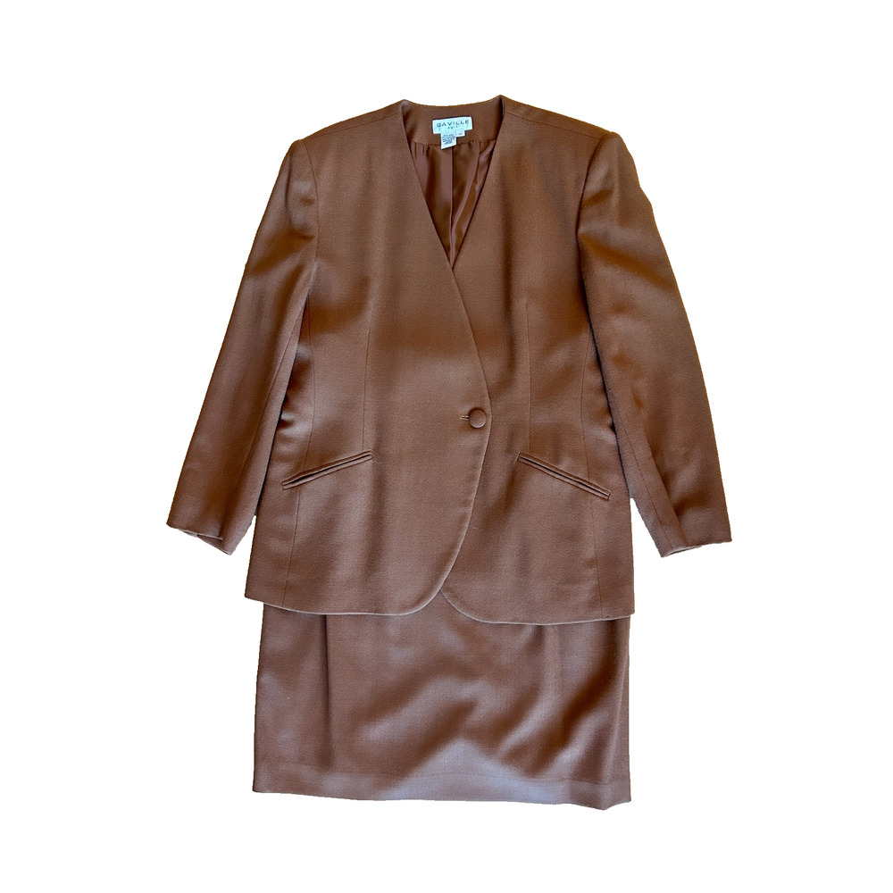 Vintage Saville Suit Skirt & Blazer Size 16 100%‎ Wool Camel Brown Career Church